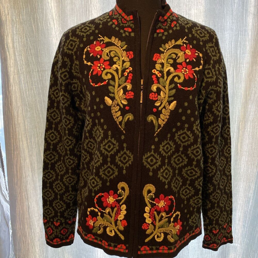North Style S/P Black Embroidered Cardigan Sweater Jacket Alpaca Wool And Lined